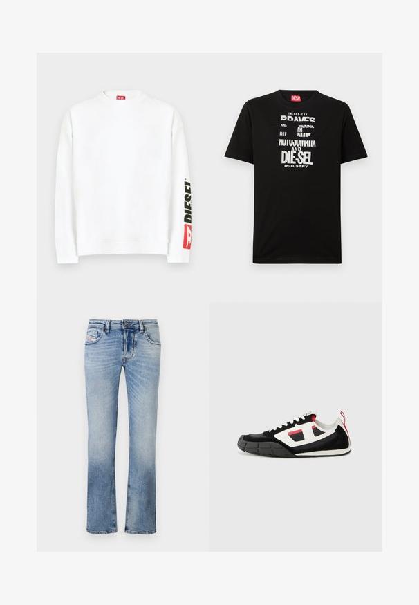 Weißes Sweatshirt mit Rundhalsausschnitt und einem roten und schwarzen "DIESEL"-Logo auf dem linken Ärmel. Hergestellt aus weichem, glattem Stoff.; Schwarzes Baumwoll-T-Shirt mit kräftigen weißen Textgrafiken, darunter "DIESEL" und "INDUSTRY", mit rundem Halsausschnitt und kurzen Ärmeln.; Hellblaue Jeans aus Denim mit geradem Schnitt, ausgestattet mit Fronttaschen, einem Reißverschluss und subtilen Verfärbungen im gesamten Stoff.; Diesel S PAGODHA LOW - Sneaker low - black