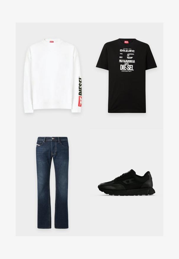 Sudadera blanca con cuello redondo, con un logo "DIESEL" en rojo y negro en la manga izquierda. Confeccionada con una tela suave y lisa.; Camiseta negra de algodón con gráficos de texto blanco llamativos, que incluyen "DIESEL" e "INDUSTRY", con cuello redondo y mangas cortas.; Jeans de mezclilla azul oscuro con corte recto, cinco bolsillos y detalles de costura sutiles. Cuenta con cierre de botón metálico y cremallera.; Zapatilla negra de corte bajo con piel texturizada y paneles de tela, cierre de cordones y suela gruesa de goma sobre un fondo claro y liso.