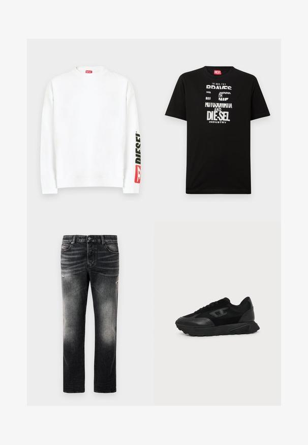 Sudadera blanca con cuello redondo, con un logo "DIESEL" en rojo y negro en la manga izquierda. Confeccionada con una tela suave y lisa.; Camiseta negra de algodón con gráficos de texto blanco llamativos, que incluyen "DIESEL" e "INDUSTRY", con cuello redondo y mangas cortas.; Jeans negros con acabado desgastado y toques rasgados, diseño estándar de cinco bolsillos y cierre con cremallera. Elaborados en tela de denim.; Zapatilla negra de corte bajo con suela texturizada, parte superior de malla y cuero, cierre de cordones en la parte delantera y un pequeño logo en relieve en el panel lateral.