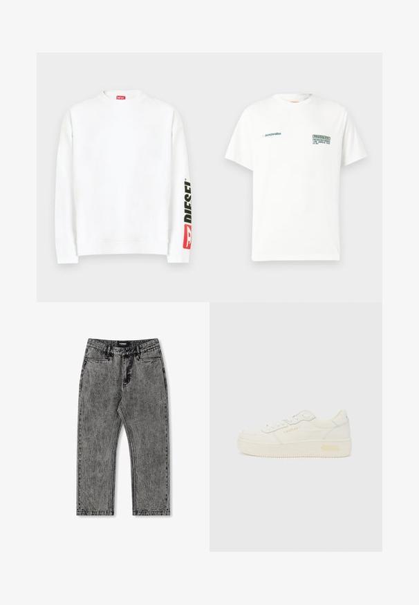 Sudadera blanca con cuello redondo, con un logo "DIESEL" en rojo y negro en la manga izquierda. Confeccionada con una tela suave y lisa.; Camiseta blanca de manga corta con pequeños logotipos de texto en verde oscuro en el pecho que dicen "Incorporation" y "Replay Inc Engineered Works".; Jeans de mezclilla gris con un acabado desgastado, diseño de pierna recta y estilo de cinco bolsillos. Presenta una etiqueta con "FORMER" en la cinturilla.; Zapatilla blanca de caña baja con cordones en la parte delantera, suela gruesa y sutil marca "REPLAY" en el lateral y el talón, mostrada en vista lateral.