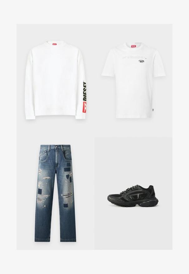 Hvid sweatshirt med rund halsudskæring, med en rød og sort "DIESEL"-logo på venstre ærme. Fremstillet af blødt, glat stof.; Hvid bomuld t-shirt med rund hals og korte ærmer, med et sort trykt design og mærket "DIESEL" centreret over et øje-grafik.; Denim jeans med slidte lapper og varierende nuancer af blå, med en lige benudskæring og traditionelt fem-lomme design.; Sorte atletiske sneakers med et mesh-overdel, teksturerede detaljer og polstret krave. Snørebåndsdesign med en tykk gummisål for støtte.