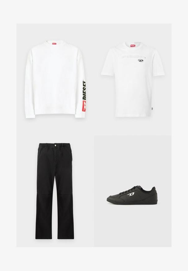 Weißes Sweatshirt mit Rundhalsausschnitt und einem roten und schwarzen "DIESEL"-Logo auf dem linken Ärmel. Hergestellt aus weichem, glattem Stoff.; Weißes Baumwoll-T-Shirt mit Rundhalsausschnitt und kurzen Ärmeln, mit einem schwarzen Druckmotiv und dem Markennamen "DIESEL", der zentriert über einer Augengrafik platziert ist.; Schwarze Baumwollhosen mit einem elastischen Bund, gerade geschnitten, mit glatter Textur und ohne sichtbare Akzente oder Muster.; Schwarze Sneakers aus synthetischem Material mit einer strukturierten schwarzen Sohle, rundem Zehenbereich und flachen schwarzen Schnürsenkeln. Auffälliges weißes Logo auf der Außenseite.