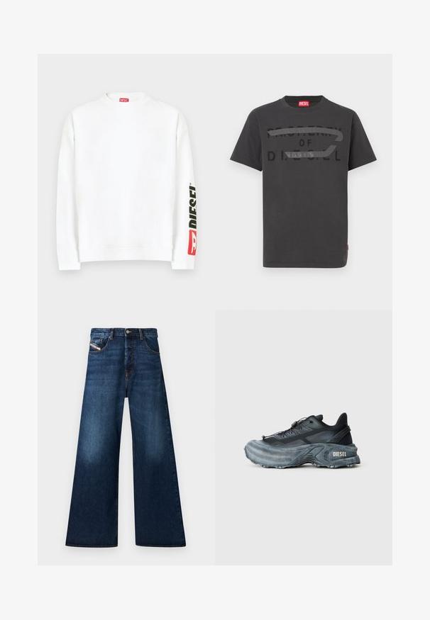 Sudadera blanca con cuello redondo, con un logo "DIESEL" en rojo y negro en la manga izquierda. Confeccionada con una tela suave y lisa.; Camiseta de algodón gris con texto negro en negrita que dice "PROPIEDAD DE D.I.E.S.E.L.", textura suave y mangas cortas.; Jeans de mezclilla oscura de pierna ancha con una cintura alta. Presenta cinco bolsillos, un cierre de botón y un acabado desgastado cerca de los muslos.; Zapatilla Diesel en negro y gris con suela gruesa, cierre de cordón y diseño texturizado sobre un fondo liso de color gris claro.