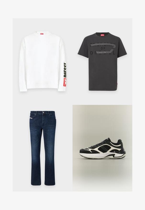 Hvid sweatshirt med rund halsudskæring, med en rød og sort "DIESEL"-logo på venstre ærme. Fremstillet af blødt, glat stof.; Grå bomulds-T-shirt med fed sort tekst, der lyder "PROPERTY OF D.I.E.S.E.L.", med en glat tekstur og korte ærmer.; Mørkeblå denimjeans med lige ben. Har fem lommer, metalknaplukning og diskret syninger på baglommen.; Sort-hvid lavtop-sneaker med chunky hvid sål og detaljeret panelopdelt design, vist fra siden på en lysegrå baggrund.