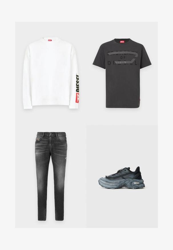 Weißes Sweatshirt mit Rundhalsausschnitt und einem roten und schwarzen "DIESEL"-Logo auf dem linken Ärmel. Hergestellt aus weichem, glattem Stoff.; Graues Baumwoll-T-Shirt mit fettem schwarzem Text "PROPERTY OF D.I.E.S.E.L.", glatter Textur und kurzen Ärmeln.; Graue Denim-Jeans mit schlankem Schnitt, die über leicht abgewetzte Bereiche, distressed Details und einen traditionellen Knopfverschluss verfügen.; Schwarz- und graue Diesel-Sneaker mit dicker Sohle, Schnürverschluss und strukturiertem Design auf einem schlichten hellgrauen Hintergrund.
