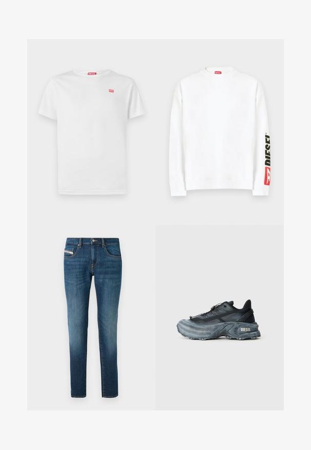 Sweat-shirt blanc à col rond, avec un logo "DIESEL" rouge et noir sur la manche gauche. Confectionné en tissu doux et lisse.; T-shirt en coton blanc à manches courtes et col en V. Présente un petit logo Diesel rouge sur la poitrine gauche. Texture lisse, coupe standard.; Jean en denim bleu foncé avec un léger délavage, coupe droite, cinq poches et des détails de couture contrastés.; Baskets Diesel noires et grises avec semelle épaisse, système de laçage à bascule et design texturé sur fond gris clair uni.