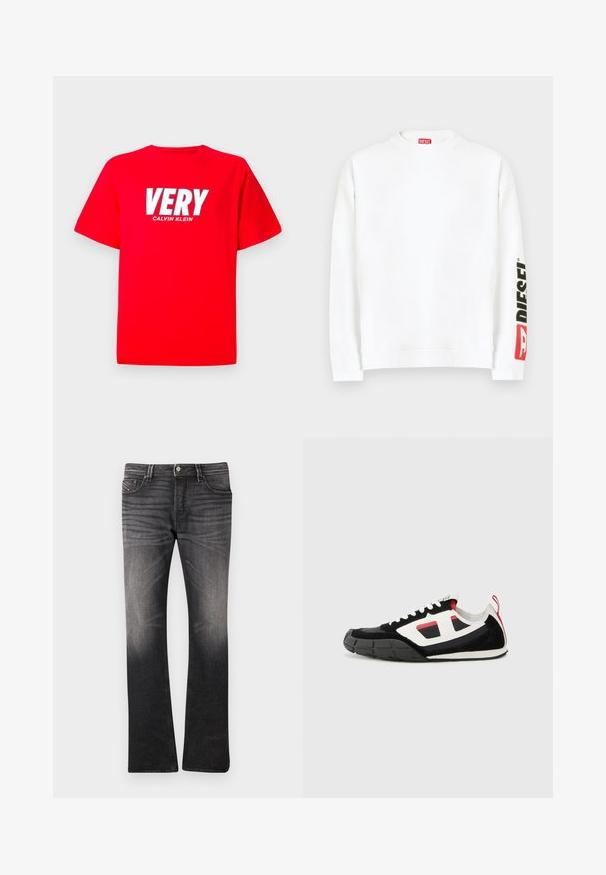 Hvid sweatshirt med rund halsudskæring, med en rød og sort "DIESEL"-logo på venstre ærme. Fremstillet af blødt, glat stof.; Rød kortærmet T-shirt med "VERY" i store hvide bogstaver og "CALVIN KLEIN" i mindre hvide tekst nedenfor på brystet.; Sorte denimjeans med et let falmet mønster. Tætsiddende design, lige ben, fem-lomme stil og knaplukning i taljen.; Diesel S PAGODHA LOW - Sneakers - black