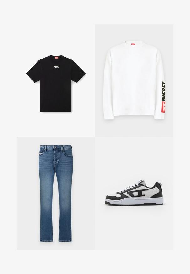 Sudadera blanca con cuello redondo, con un logo "DIESEL" en rojo y negro en la manga izquierda. Confeccionada con una tela suave y lisa.; Camiseta de algodón negra con cuello redondo y mangas cortas. Presenta un pequeño logotipo plateado bordado en el centro del frente.; Pantalones vaqueros azules de mezclilla con corte recto, diseño de cinco bolsillos y acabado desgastado. Presentan una cinturilla con trabillas para cinturón y cierre con botón metálico.; Zapatilla blanca y negra con parte superior de cuero texturizado, cuello acolchado, punta redonda y suela de goma en contraste. Incluye cordones blancos y detalle de logo.