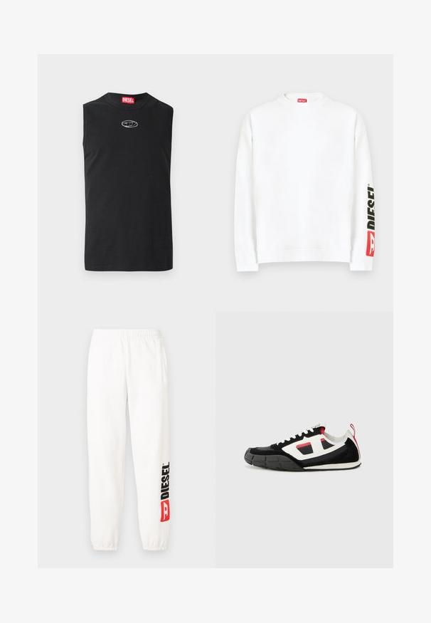 Sweat-shirt blanc à col rond, avec un logo "DIESEL" rouge et noir sur la manche gauche. Confectionné en tissu doux et lisse.; T-shirt sans manches noir en coton, avec un col rond et un logo argenté sur la poitrine. Design simple et uni sans motifs.; Pantalon de survêtement blanc en coton avec une ceinture élastique. La jambe gauche présente un logo "DIESEL" noir et rouge. Chevilles élastiquées. Texture lisse.; Diesel S PAGODHA LOW - Baskets basses - black