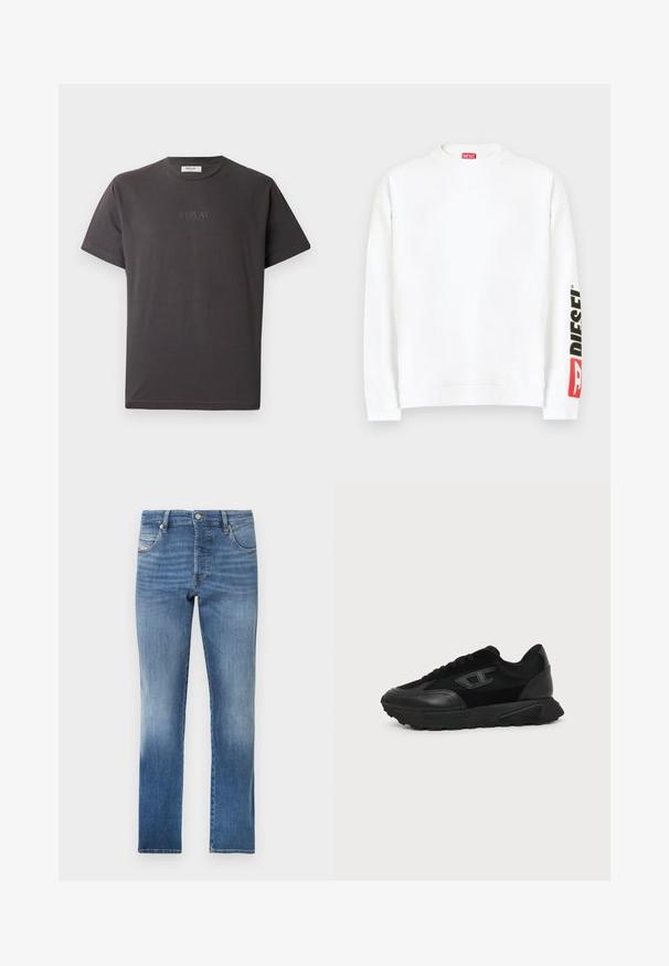 Hvid sweatshirt med rund halsudskæring, med en rød og sort "DIESEL"-logo på venstre ærme. Fremstillet af blødt, glat stof.; Mørkegrå kortærmet bomulds-t-shirt med et diskret reliefprint af "REPLAY" logoet foran. Rund halsudskæring og afslappet pasform.; Blå denimjeans med lige ben, med diskret falming, fem lommer og en klassisk knaplukning i taljen.; Sort lavt snøresko med struktureret sål, mesh- og læderoverdel, snørebånd foran og et lille præget logo på sidepanelet.