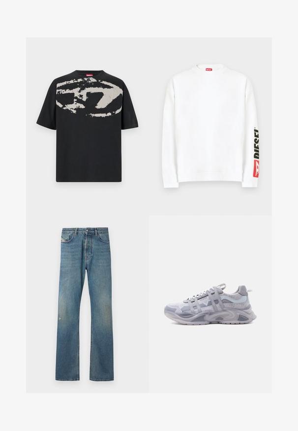 Hvid sweatshirt med rund halsudskæring, med en rød og sort "DIESEL"-logo på venstre ærme. Fremstillet af blødt, glat stof.; Sort t-shirt med et stort, abstrakt lys grå grafik foran. Korte ærmer og en klassisk rund halsudskæring. Materialet er bomuld.; Blå denimjeans med et lige ben-design, der har en let falmning, forlommer og en knaplukning i taljen.; Grå og hvide sportslige sneakers med tyk sål, mesh og syntetisk overdel, snørelukning og detaljer med mærke på siden.