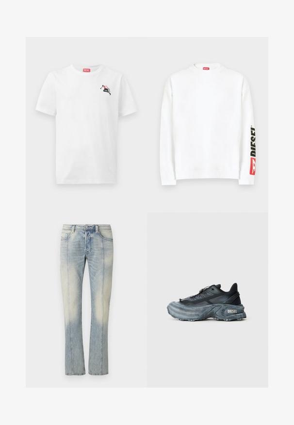 Sweat-shirt blanc à col rond, avec un logo "DIESEL" rouge et noir sur la manche gauche. Confectionné en tissu doux et lisse.; T-shirt en coton blanc avec un petit motif noir et rouge sur le côté gauche de la poitrine et une étiquette logo rouge au niveau de l'encolure. Manches courtes, col rond.; Jean en denim bleu clair avec une coupe droite, couture double, poches avant et finition délavée. Aucun logo visible.; Baskets Diesel noires et grises avec semelle épaisse, système de laçage à bascule et design texturé sur fond gris clair uni.