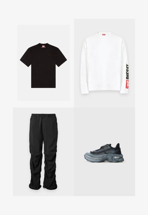 Sudadera blanca con cuello redondo, con un logo "DIESEL" en rojo y negro en la manga izquierda. Confeccionada con una tela suave y lisa.; Camiseta de algodón negra con mangas cortas, cuello redondo y un pequeño logotipo en relieve en el pecho. Etiqueta de marca roja en el cuello.; Pantalones de utilidad negros de tejido ligero, con cintura elástica, cordones ajustables y bolsillos laterales, presentan un corte relajado.; Zapatilla Diesel en negro y gris con suela gruesa, cierre de cordón y diseño texturizado sobre un fondo liso de color gris claro.