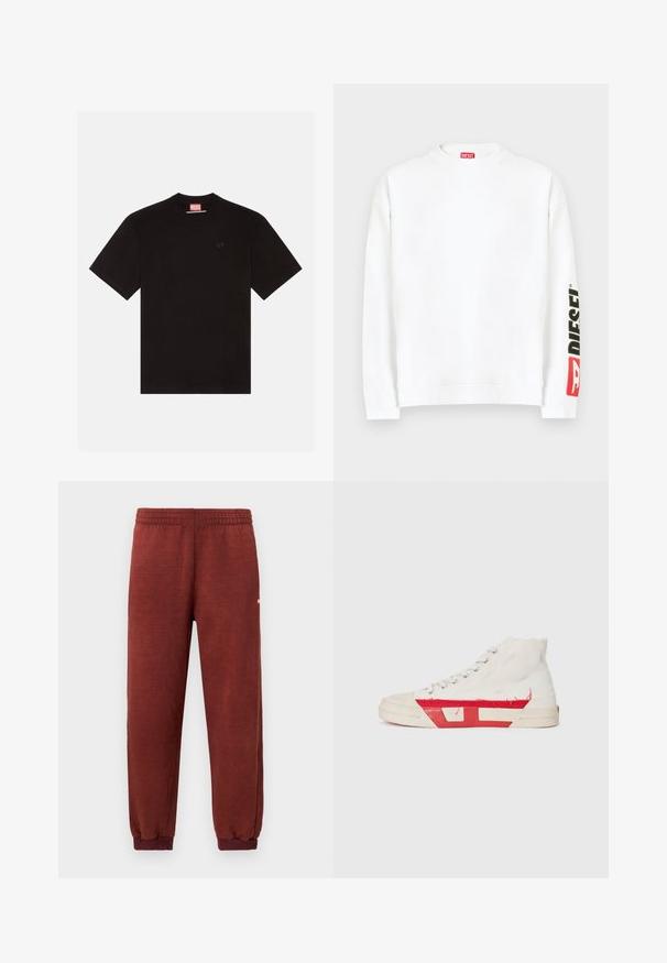 Hvid sweatshirt med rund halsudskæring, med en rød og sort "DIESEL"-logo på venstre ærme. Fremstillet af blødt, glat stof.; Sort bomulds T-shirt med korte ærmer, rund halsudskæring og et lille præget logo på brystet. Rød mærkat ved halsudskæringen.; Rustfarvede fleece joggers med elastisk talje og ankler, vist mod en hvid baggrund.; Høje sneakers med en hvid canvas overdel, røde gummidetaljer og en frynset kant, med sølv øjer og en tekstureret sål.