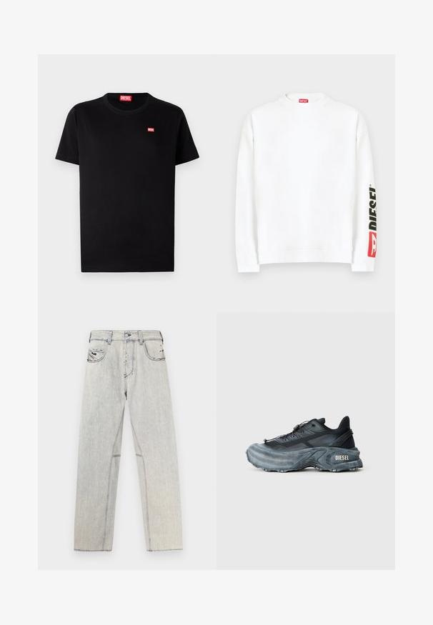 Weißes Sweatshirt mit Rundhalsausschnitt und einem roten und schwarzen "DIESEL"-Logo auf dem linken Ärmel. Hergestellt aus weichem, glattem Stoff.; Schwarzes Baumwoll-T-Shirt mit rundem Halsausschnitt und kurzen Ärmeln. Verfügt über ein kleines rotes Diesel-Logo auf der Brust. Einfaches, klassisches Design.; Hellblaue Jeans aus Denim mit geradem Schnitt, kontrastierenden Nähten, zwei Vordertaschen und abgenutzten Details im Stoff.; Schwarz- und graue Diesel-Sneaker mit dicker Sohle, Schnürverschluss und strukturiertem Design auf einem schlichten hellgrauen Hintergrund.