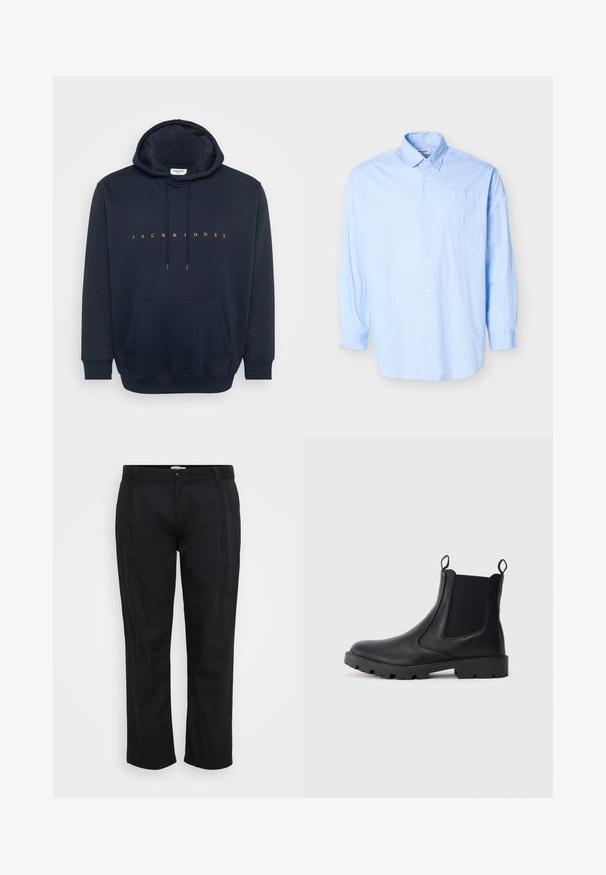 Hoodie bleu marine en tissu doux, avec une poche kangourou et un capuchon à cordon. Inscription "JACK & JONES" en orange sur la poitrine.; Chemise à manches longues bleu clair avec col pointu et poche poitrine, présentée sur un fond blanc uni.; Jack & Jones Wide-leg Plus Size Wide Leg Fit - Pantalon classique - black; Bottines Chelsea en cuir noir avec panneaux élastiques sur les côtés, bout rond et semelle texturée. Comprend des languettes pour un enfilage facile.