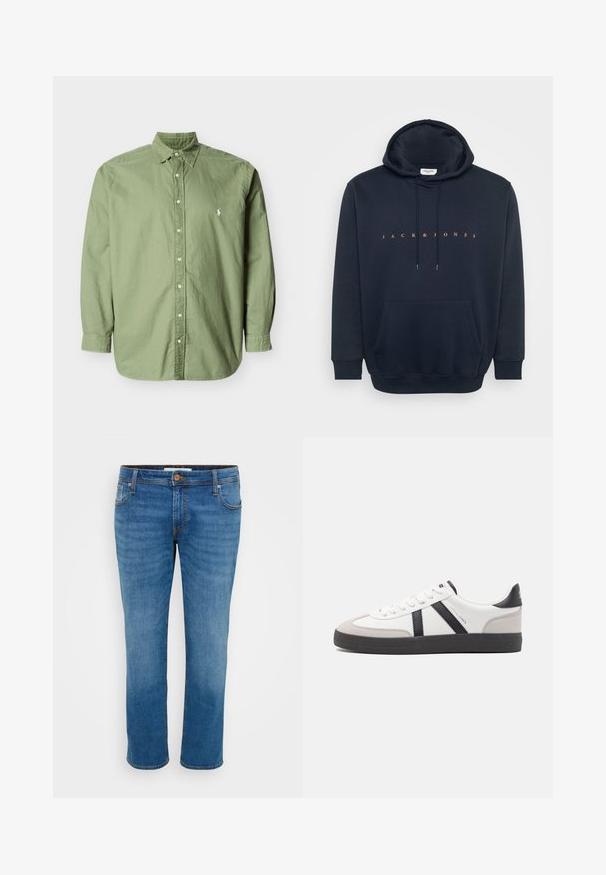 Μπλε ναυτικό hoodie φτιαγμένο από μαλακό ύφασμα, διαθέτοντας καγκουρό τσέπη και κουκούλα με κορδόνι. Κείμενο "JACK & JONES" σε πορτοκαλί χρώμα στο στήθος.; Πουκάμισο μακρυμάνικο σε ελαιοπράσινο χρώμα με κουμπιά, γιακά με κουμπιά και μικρό λευκό κεντητό λογότυπο στο αριστερό στήθος.; Μπλε τζιν παντελόνι με ίσια γραμμή, πέντε τσέπες και αντίθεση στη ραφή. Διαθέτει κούμπωμα με κουμπί και θηλάκια για ζώνη γύρω από τη μέση.; Λευκό αθλητικό παπούτσι με μαύρες και γκρί λεπτομέρειες, featuring ένα υφή γκρί καλύμμα δαχτύλου, μαύρη καουτσούκ σόλα και επίπεδες λευκές κορδόνες. Καθαρός σχεδιασμός, μινιμαλιστικό στυλ.
