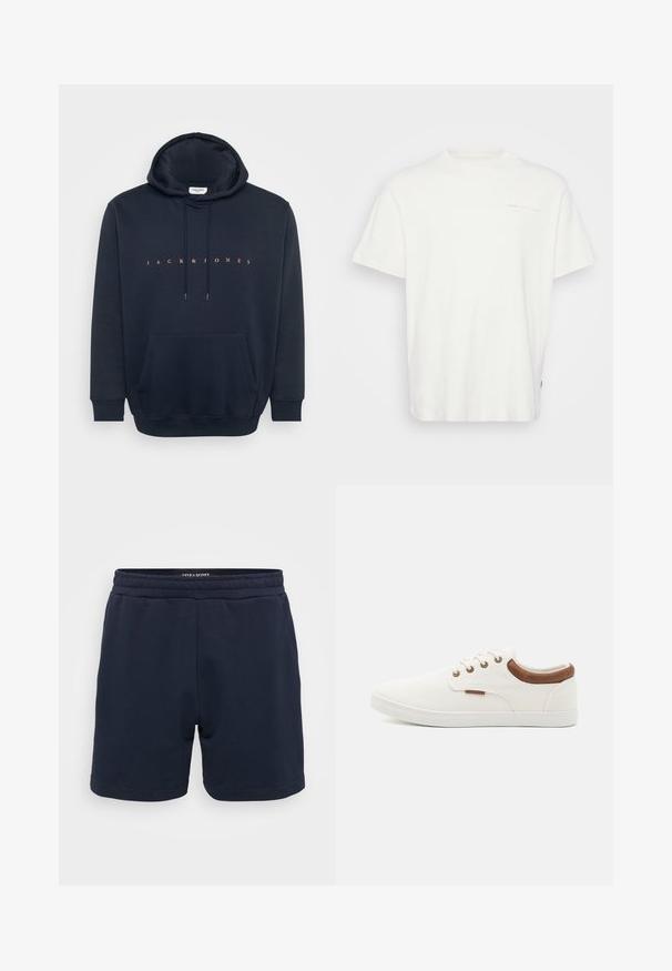 Marineblaue Kapuzenjacke aus weichem Stoff, mit einer Kängurutasche und Kapuze mit Kordelzug. Text "JACK & JONES" in Orange auf der Brust.; Weißes Baumwoll-T-Shirt mit rundem Halsausschnitt, kurzen Ärmeln und einem kleinen Drucklogo auf der Vorderseite. Verfügt über eine lockere Passform und eine glatte Textur.; Marineblaue Baumwollshorts mit einem elastischen Bund, ausgestattet mit einer glatten Textur und genähten Säumen. Kleines Markenlogo an der Seite.; Weiße Leinensneaker mit einer glatten Textur, braunen Lederakzenten an der Ferse und fünf Metallösen für die Schnürsenkel. Mit einer flachen Gummisohle.