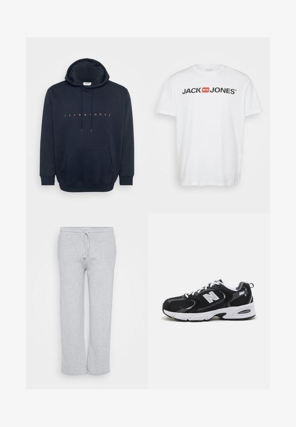 Tumedat sinine kapuutsiga sviiter, mis on valmistatud pehmest kangast, millel on känguru tasku ja nööriga kapuuts. Rinna kohal on oranž tekst "JACK & JONES".; Valge puuvillane t-särk, millel on must "JACK & JONES" logo punase ristküliku aktsendiga. Lühikesed varrukad ja ümar kaelus. Sile tekstuur.; Heledad hallhalli, mis on valmistatud pehmest kangast, elastse vöökohtadega ja paelaga, sirge jalaga disainiga ning küljetaskutega.; Must värvi ja hallid spordijalatsid, mille ülemine osa on valmistatud võrgust ja nahast, valge vaheosaga, paeltega ja küljel julge "N" logo.