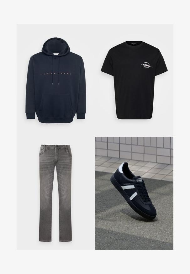 Μπλε ναυτικό hoodie φτιαγμένο από μαλακό ύφασμα, διαθέτοντας καγκουρό τσέπη και κουκούλα με κορδόνι. Κείμενο "JACK & JONES" σε πορτοκαλί χρώμα στο στήθος.; Μαύρο βαμβακερό T-shirt με στρογγυλή λαιμόκοψη, κοντά μανίκια και λευκό τυπωμένο λογότυπο στο αριστερό στήθος. Κλασική εφαρμογή και ομαλή υφή.; Γκρι τζιν παντελόνι με ίσια γραμμή, κλασικό σχέδιο με πέντε τσέπες και κλείσιμο με κουμπί, ελαφρώς ξεβαμμένο στους μηρούς και τα γόνατα.; Μαύρα δερμάτινα αθλητικά παπούτσια με λευκές ρίγες, υφασμάτινη σόλα από καουτσούκ και κορδόνια. Διαθέτουν λογότυπο στη γλώσσα του παπουτσιού.