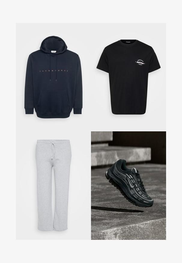 Μπλε ναυτικό hoodie φτιαγμένο από μαλακό ύφασμα, διαθέτοντας καγκουρό τσέπη και κουκούλα με κορδόνι. Κείμενο "JACK & JONES" σε πορτοκαλί χρώμα στο στήθος.; Μαύρο βαμβακερό T-shirt με στρογγυλή λαιμόκοψη, κοντά μανίκια και λευκό τυπωμένο λογότυπο στο αριστερό στήθος. Κλασική εφαρμογή και ομαλή υφή.; Ανοιχτού γκρίζου χρώματος φόρμες, κατασκευασμένες από μαλακό ύφασμα, με ελαστική μέση και κορδόνι, ίσια γραμμή και πλαϊνές τσέπες.; Μαύρο και γκρι αθλητικό παπούτσι Nike Air Max να αιωρείται πάνω από γκρι τσιμεντένια σκαλοπάτια με υφή στο έδαφος ως φόντο.