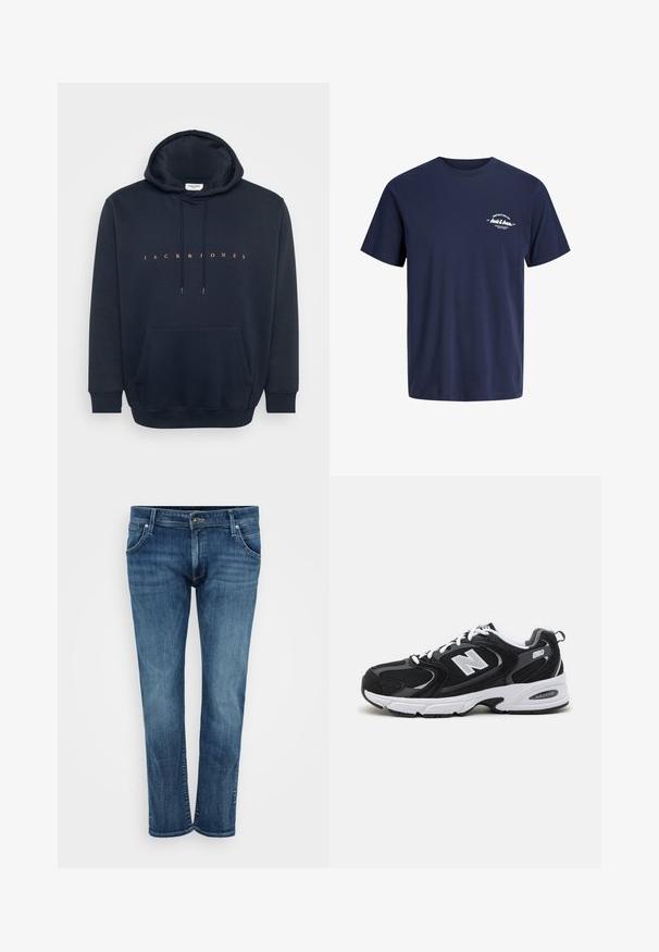 Sudadera azul marino hecha de un tejido suave, con un bolsillo tipo canguro y capucha con cordón. Texto "JACK & JONES" en naranja en el pecho.; Camiseta azul marino de manga corta con cuello redondo y pequeño texto blanco "Definition of Jack & Jones" en el pecho izquierdo.; Jeans de denim azul con un diseño de pierna recta, que cuentan con bolsillos frontales, cremallera y un ligero desgaste. Estilo clásico con un acabado de lavado medio.; Zapatillas deportivas en negro y gris con parte superior de malla y ante, que cuentan con una entresuela blanca, cordones y un llamativo logo "N" en el lateral.
