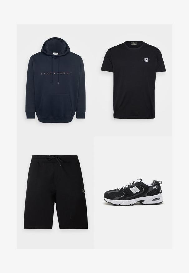 Μπλε ναυτικό hoodie φτιαγμένο από μαλακό ύφασμα, διαθέτοντας καγκουρό τσέπη και κουκούλα με κορδόνι. Κείμενο "JACK & JONES" σε πορτοκαλί χρώμα στο στήθος.; Μαύρο βαμβακερό μπλουζάκι με κοντό μανίκι, στρογγυλή λαιμόκοψη και μικρό λευκό κεντημένο λογότυπο στο αριστερό στήθος. Απλός και κλασικός σχεδιασμός.; Μαύρα αθλητικά σορτς με κορδόνι στη μέση και μικρό λευκό λογότυπο στο αριστερό μπούτι, εμφανιζόμενα επίπεδα σε λευκό φόντο.; Μαύρα και γκρι αθλητικά παπούτσια με ανώτερο μέρος από δίχτυ και σουέτ, διαθέτοντας λευκή ενδιάμεση σόλα, κορδόνια και έντονο λογότυπο "N" στο πλάι.
