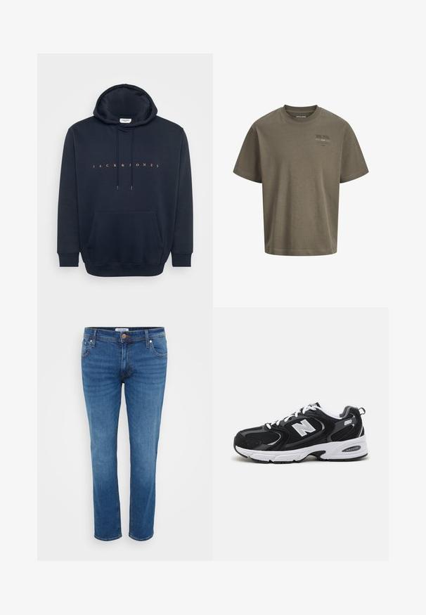 Marineblaue Kapuzenjacke aus weichem Stoff, mit einer Kängurutasche und Kapuze mit Kordelzug. Text "JACK & JONES" in Orange auf der Brust.; Taupefarbenes kurzärmeliges Baumwoll-T-Shirt mit rundem Ausschnitt und kleinem bedrucktem Text auf der linken Brust.; Jeans aus Denim in einem mittleren Blauton, mit einem geraden Bein Design, fünf Taschen-Stil und einem Knopfverschluss an der Taille.; Schwarze und graue Sportschuhe mit Obermaterial aus Mesh und Wildleder, ausgestattet mit einer weißen Zwischensohle, Schnürsenkeln und einem markanten "N"-Logo an der Seite.