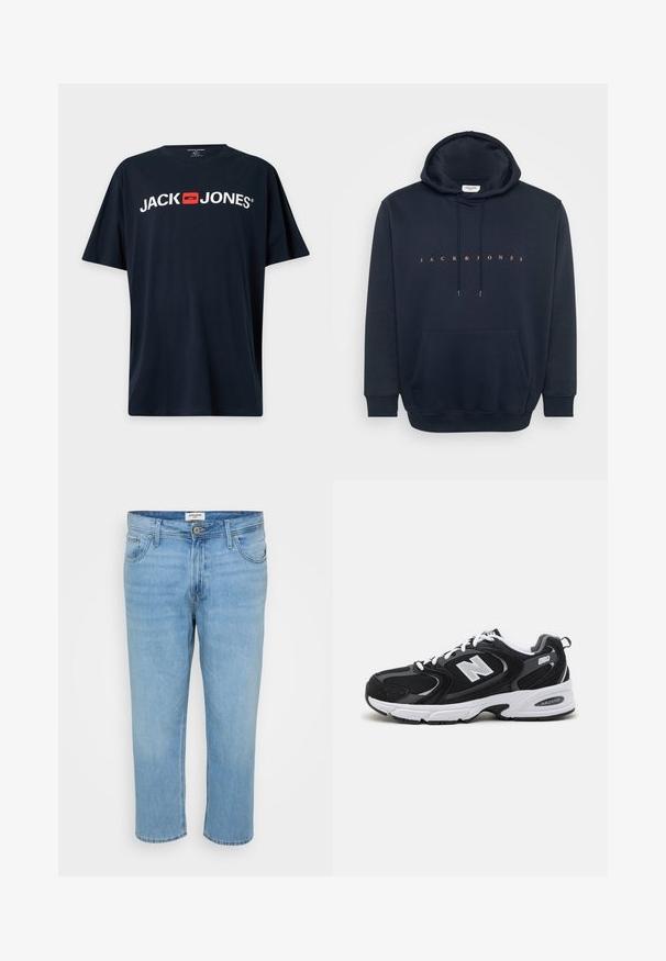Marineblauwe hoodie van zacht materiaal, met een buidelzak en een capuchon met trekkoord. Tekst "JACK & JONES" in oranje over de borst.; Zwart T-shirt met korte mouwen met witte "JACK JONES" tekst en een rood vierkant logo gecentreerd op de borst.; Lichtblauwe denim jeans met een relaxte pasvorm, vijf zakken, knoopsluiting en zichtbare stikseldetails.; Zwarte en grijze sport schoenen met een bovenwerk van mesh en suede, voorzien van een witte tussenzool, veters en een gedurfde "N"-logo aan de zijkant.