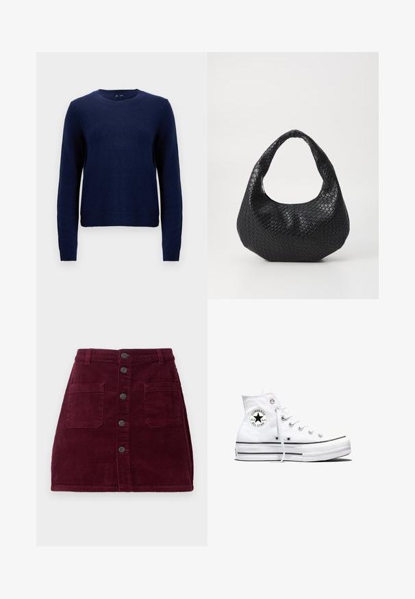 Mørkeblå sweater lavet af blødt strikket materiale. Har rund halsudskæring samt ribbede manchetter og kant. Simple, klassisk design.; Burgunderfarvet kordfløjlsskjorte med høj talje, fem frontknapper og to forlommer; tekstureret stof med lodret ribbede mønster.; Hvid højtop Converse Chuck Taylor All Star-sneaker med sort logo-patch og hvide snørebånd, vist på hvid baggrund.; Sort flettet håndtaske med et buet håndtag, der har en struktureret overflade og en afslappet form. Glat finish med en organisk silhuet.