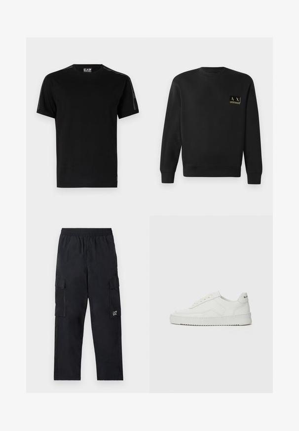 Zwarte sweatshirt met lange mouwen en ronde hals, met klein beige Armani Exchange-logo op de linkerborst.; Zwarte T-shirt van katoen, met korte mouwen, een ronde hals, gaas zijpanelen en een klein logo label op de zoom.; Zwarte cargobroek met een elastische tailleband, zijzakken en een klein logo op het linkerbeen. Gemaakt van lichtgewicht, soepel materiaal.; Witte leren sneaker met een gladde afwerking, ronde neus, platte veters en een gestructureerde zool. Kenmerkt zich door een subtiel logo op de hiel.