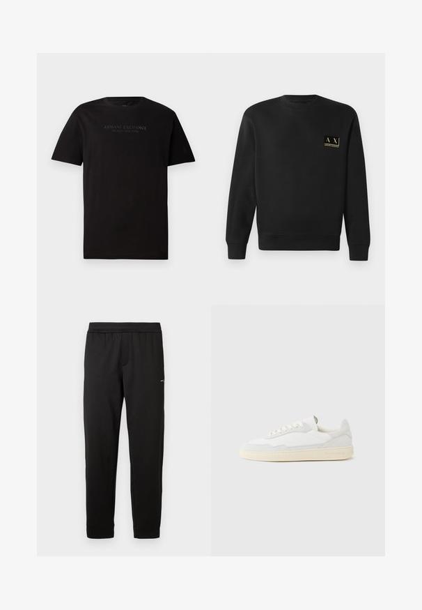 Sweatshirt noir à manches longues avec col rond et petit logo beige Armani Exchange sur la poitrine gauche.; T-shirt en coton noir avec un col rond et des manches courtes. Sur le devant, on trouve un texte en relief "ARMANI EXCHANGE MILANO / NEW YORK".; Pantalon de sport noir en tissu doux. Taille élastique et poignets élastiques. Présente un petit logo sur le côté. Coupe droite.; Baskets blanches avec dessus en daim et cuir texturé. Caractérisées par un bout arrondi, une fermeture à lacets et une semelle en caoutchouc beige contrastante.