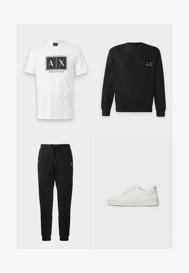 Sweatshirt noir à manches longues avec col rond et petit logo beige Armani Exchange sur la poitrine gauche.; T-shirt blanc à manches courtes avec un logo rectangulaire noir Armani Exchange comportant le texte "A | X" centré sur la poitrine.; Pantalon de survêtement noir fuselé avec taille élastique, cordon, poches latérales et poignets côtelés, présenté sur fond uni.; Baskets en cuir blanc avec une finition lisse, bout arrondi, lacets plats et semelle texturée. Présente un logo discret sur le talon.