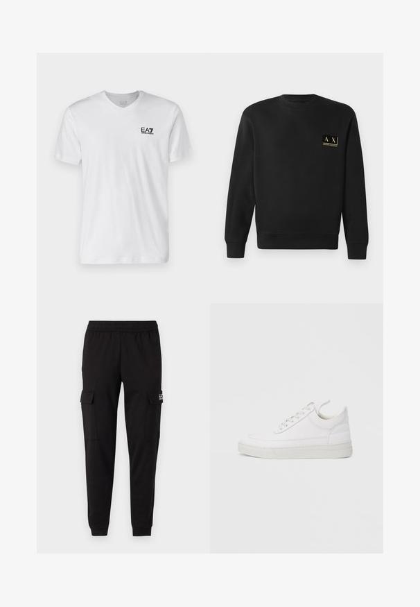 Mustmust pikkade varrukatega crewneck särk mustas värvitoonis, mille vasakul rinnal on väike beež Armani Exchange logo.; Valge puuvillane T-särk V-kaelusega, lühikeste varrukatega, millel on must EA7 logo vasakul rinnal. Sile tekstuur, lihtne disain.; Mustad kampsuni püksid elastse vöökohtaga, kahe külje taskuga ja logo detailiga vasakul pool. Sile tekstuur, jalgade juures Kitsenev.; Valge nahast tennisking ümarate varvastega, tasase tallaga ja eespaelaga. Omab õmbluste detaile ning pehmet ääreosa mugavuse tagamiseks.