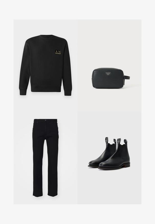 Mustmust pikkade varrukatega crewneck särk mustas värvitoonis, mille vasakul rinnal on väike beež Armani Exchange logo.; Mustast denimist valmistatud sirge jala disainiga teksad, viie taskuga, esise välikinnisega ja peente õmblusdetailidega. Sile tekstuur.; Mustad mustadest nahast chelsea saapad elastsete külgpanelidega, kontrastsete õmblustega ja tõmbenööpidega, mis kannavad brändi logo. Lamedad kummist põhjajad.; Mustast tekstuuriga nahast ristkülikukujuline kotike külghandmaga ja väike hõbedane logo esipinna keskel.