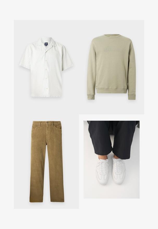 Sweat-shirt beige à manches longues et col rond, avec poignets et ourlet côtelés, présentant un texte discrètement embossé "ORIGINALS" sur la poitrine.; Chemise à manches courtes à boutons, en rayures verticales bleu clair et blanches, en tissu coton, avec un col pointu et des boutons sur le devant.; Pantalon en velours côtelé couleur khaki avec une coupe droite, présentant une texture à côtes verticales, des passants de ceinture et des poches avant.; Baskets blanches en cuir avec une texture lisse, bout rond et système de laçage classique, positionnées au-dessus de pantalons sombres et amples.