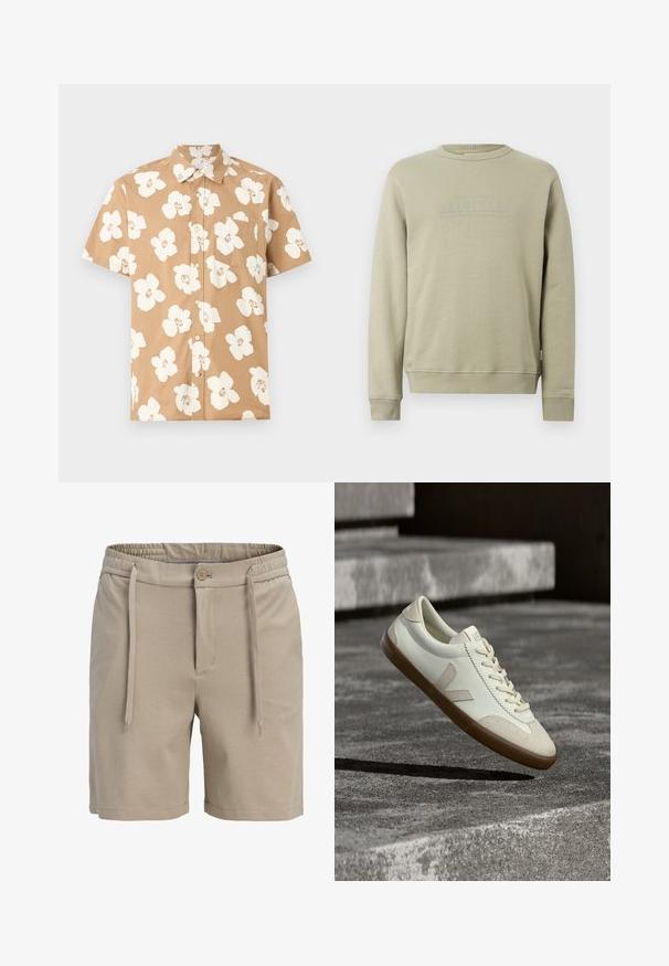 Sweat-shirt beige à manches longues et col rond, avec poignets et ourlet côtelés, présentant un texte discrètement embossé "ORIGINALS" sur la poitrine.; Chemise beige à manches courtes avec boutons, grand imprimé floral blanc et poche poitrine, affichée sur un fond plat gris clair.; Short beige longueur genou avec ceinture élastique, fermeture à bouton, cordons de serrage et poches latérales, présenté sur fond blanc uni.; Baskets en cuir blanc avec semelle en caoutchouc beige, lacets plats et accent en forme de V sur le côté. Présentent une surface lisse et peu de détails de couture.