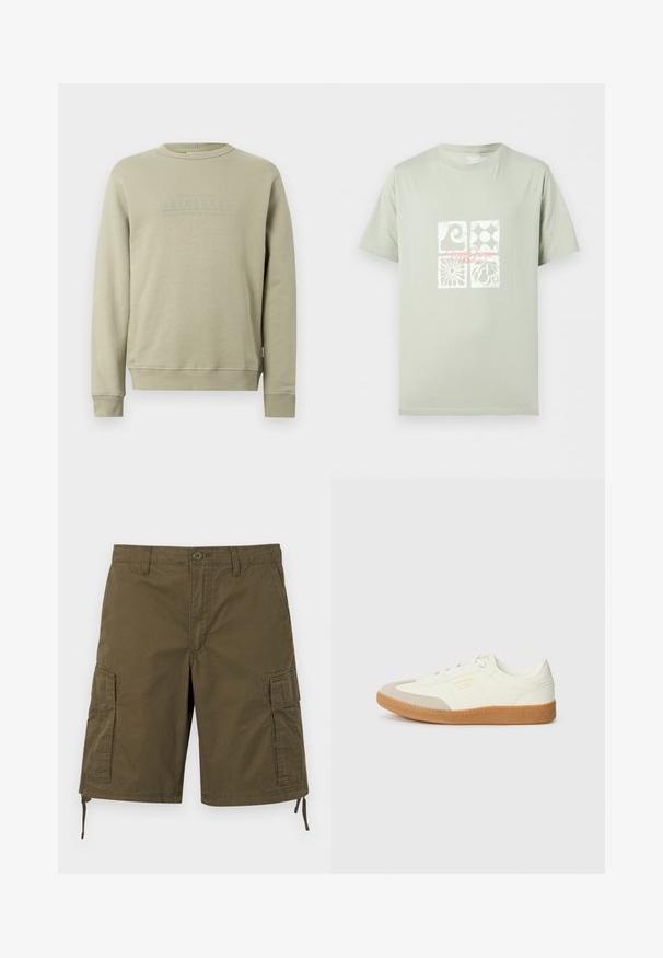 Sweat-shirt beige à manches longues et col rond, avec poignets et ourlet côtelés, présentant un texte discrètement embossé "ORIGINALS" sur la poitrine.; T-shirt vert clair à manches courtes avec quatre carrés graphiques blancs et texte rose en écriture cursive centré sur la poitrine.; Short cargo kaki avec poches latérales à rabat, fermeture à boutons à l'avant, passants pour ceinture et cordons réglables à l'ourlet.; Baskets en cuir blanc avec une coque beige et une semelle en caoutchouc marron clair. Dotées de lacets blancs plats et d'un logo embossé sur le côté.