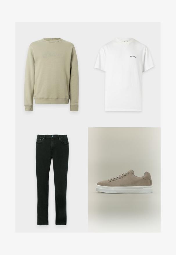 Sweat-shirt beige à manches longues et col rond, avec poignets et ourlet côtelés, présentant un texte discrètement embossé "ORIGINALS" sur la poitrine.; T-shirt blanc à manches courtes col rond avec petit texte noir "Pepe Jeans" sur la poitrine gauche.; Jean en denim noir avec une coupe droite, présentant un style classique à cinq poches et des accents en métal bleu.; Baskets basses en daim beige avec semelle en caoutchouc blanche et lacets beiges assortis sur un fond neutre.