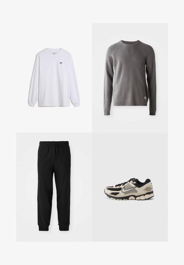 Grå ribbestrikket sweater med lange ærmer og rund halsudskæring. Har en tekstureret overflade og et lille logo mærke på kanten.; Hvid langærmet t-shirt i bomuld med et lille sort skateboardgrafik på venstre bryst og ribbede manchetter.; Sorte sweatpants med elastisk talje og justerbar snøre. Tætsiddende manchetter og sidesøm skaber en strømlinet silhuet.; Nike løbesko i creme og sort. Har mesh-overdel, teksturerede detaljer, tyk gummiydersål og bemærkelsesværdigt mellemsål design.