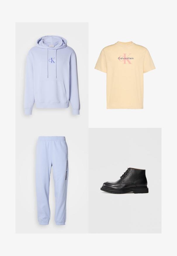 Hellblauer Baumwoll-Hoodie mit einer vorderen Tasche, Kapuze mit Kordelzug und einem bedruckten Logo auf der Brust. Weiche Textur und lässige Passform.; Beiges Kurzarm-T-Shirt mit pinkem und schwarzem Calvin Klein-Logo, das auf der Vorderseite in der Mitte aufgedruckt ist.; Hellblaue Jogginghose aus weichem Stoff, mit einem elastischen Bund, gerippten Bündchen und einem dunkelblauen Logo, das an der Seite aufgedruckt ist.; Schwarze Leder-Stiefelette mit Schnürverschluss, runder Spitze und dicker Gummisohle vor einem schlichten weißen Hintergrund.