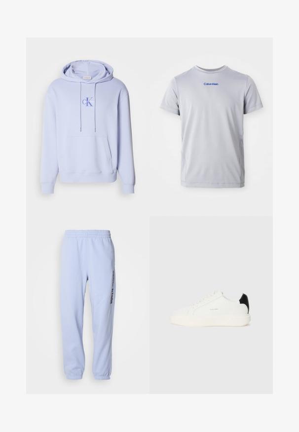 Sudadera de algodón azul claro con bolsillo frontal, capucha con cordón y un logo impreso en el pecho. Textura suave y ajuste relajado.; Camiseta de manga corta gris claro hecha de tejido texturizado, con un logo azul de "Calvin Klein" en el pecho. Cuello redondo, corte regular.; Pantalones de chándal de color azul claro, fabricados con un tejido suave, que cuentan con una cinturilla elástica, puños acanalados y un logo impreso en azul oscuro en un costado.; Zapatilla de cuero blanca con un acento negro en el talón, presenta puntera redonda, cordones planos y una suela gruesa blanca. Logo de Calvin Klein visible.