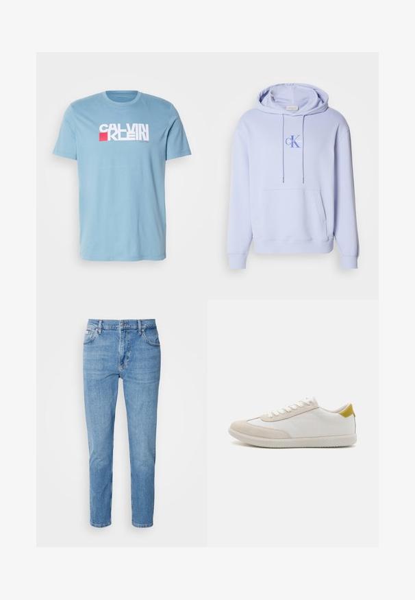 Sudadera de algodón azul claro con bolsillo frontal, capucha con cordón y un logo impreso en el pecho. Textura suave y ajuste relajado.; Camiseta de algodón de color azul claro con un destacado logotipo gráfico en blanco y rojo, con un cuello redondo clásico y mangas cortas.; Vaqueros de mezclilla azul claro con corte recto, diseño de cinco bolsillos y un sutil desgastado. Presentan un cierre de botón y pasadores para cinturón.; Zapatilla blanca con detalles en ante beige, suela de goma texturizada y un detalle en el talón amarillo. Presenta un diseño tradicional de cordones.
