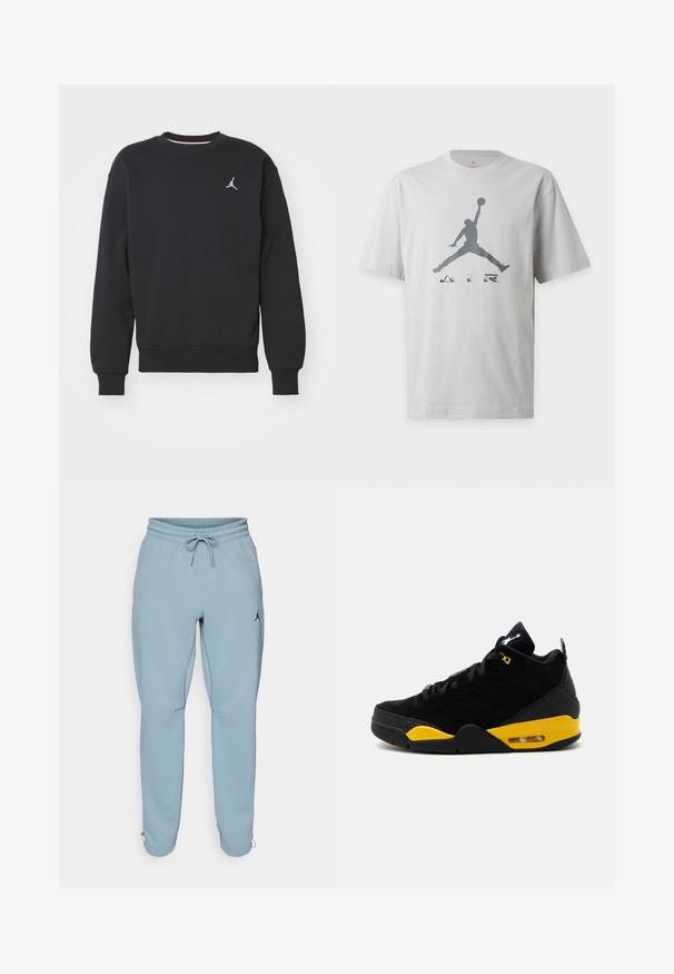 Must üksik must kapuutsiga särk, mis on valmistatud puuvillase segust, ümmarguse kaelaaukuga, ribidega mansettidega ning rinnal on tikitud Jordan logo.; Valge lühikeste varrukatega T-särk, millel on hall korvpallimängija siluett hüppamas ning sõna "AIR" trükitud kujundi alla.; Heledad sinine dressipüksid pehmest kangast, millel on elastne vöökoht koos nööriga, küljetaskud ja väike must logo reiel.; Must kollane keskmise kõrgusega sportjalats, paeltega, õhkpadjaga tallaga ja nähtava Jumpman logoga keelel ning kandimisel.