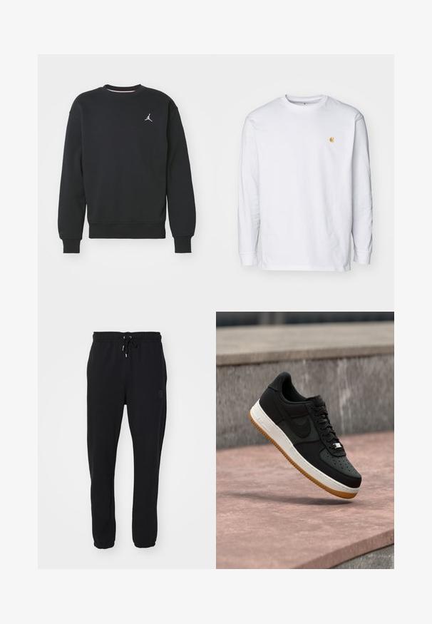 Must üksik must kapuutsiga särk, mis on valmistatud puuvillase segust, ümmarguse kaelaaukuga, ribidega mansettidega ning rinnal on tikitud Jordan logo.; Valge pika varrukaga T-särk, mis on valmistatud puuvillast. Rinnal on väike kuldne logo ja ümar kaelus. Lihtne disain ja standardne lõige.; Mustad mustad, millel on elastne vöökoht ja reguleeritav pael, mis on varustatud mansetiga pahkluude juures ja külgedel poleerimise logo.; Must madal tennisejalanõu valge keskosa tald, kummist välistallaga ja Nike Swooshi logoga, hõljuv roosa betoonpinna kohal kiviseina taustal.