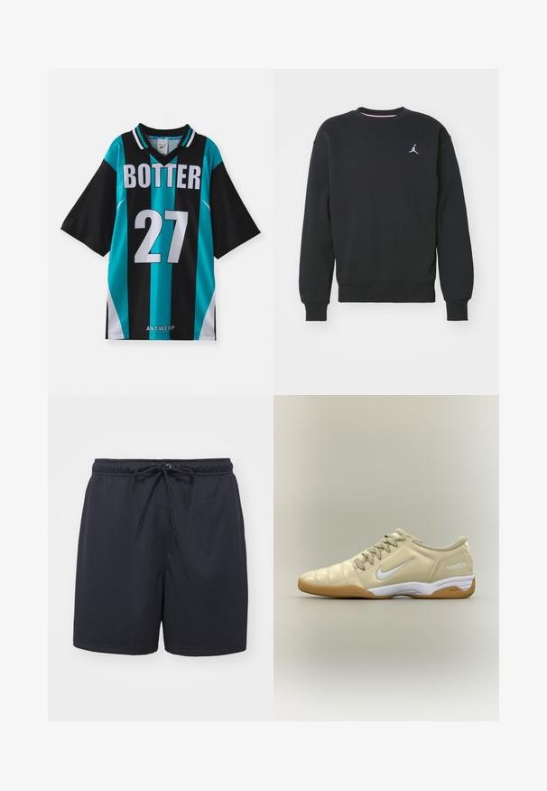 Must üksik must kapuutsiga särk, mis on valmistatud puuvillase segust, ümmarguse kaelaaukuga, ribidega mansettidega ning rinnal on tikitud Jordan logo.; Must mustapäraga jerser, millel on tee-vertilised triibud. Ees on julged valged tekstid "BOTTER" ja number "27". V-kaelusega disain koos tavalise kraega.; Musterad mustrech kompressor kangast mustad sportlikud lühikesed püksid; elastse vöökoha ja reguleeritava nööriga, mis tagab mugava sobivuse.; Beež sisetingimustes kasutatav jalgpallijalats valge Nike Swooshi logoga, kummist tallaga, paeltega ja tekstiga "total90 III" kandadel, kuvada külje pealt.