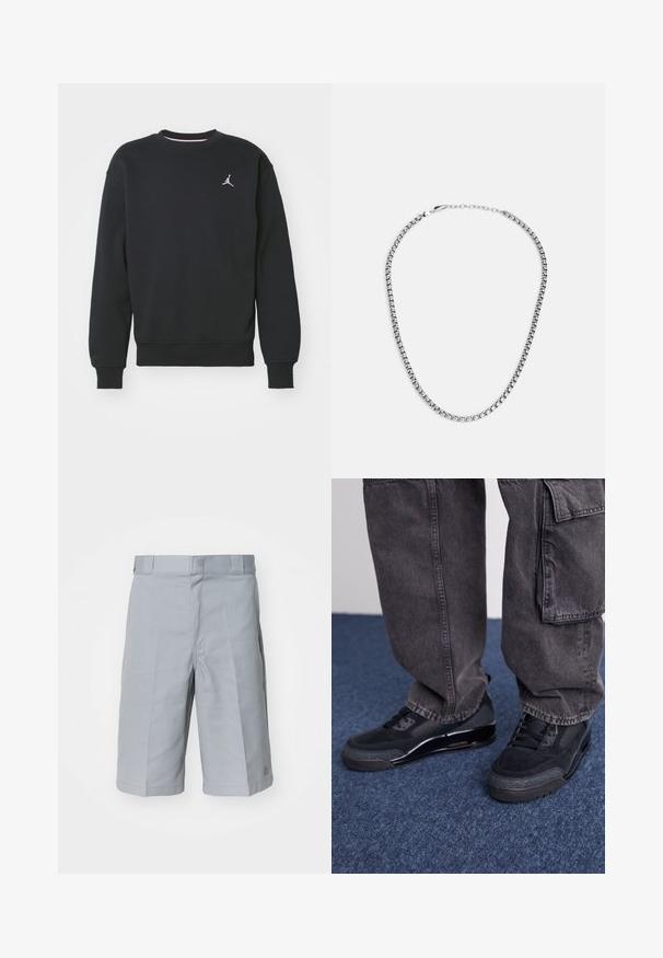 Sweatshirt noir en mélange de coton, avec un col rond, des poignets côtelés et le logo Jordan brodé sur la poitrine.; Shorts gris clair en tissu résistant, dotés d'une coupe droite, d'une taille avec passants de ceinture et de détails de plis subtils.; Des chaussures de sport noires avec une surface texturée, des accents lisses et une semelle épaisse, accompagnées de pantalons cargo larges et foncés.; Fossil JEWELRY NECKLACE - Collier - silver-coloured