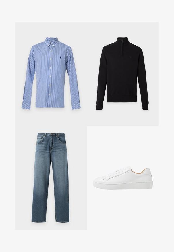 Zwarte trui met lange mouwen, korte ritssluiting aan de voorkant en hoge geribde kraag, afgebeeld op een effen lichte achtergrond.; Blauw-wit verticaal gestreept overhemd met lange mouwen, knopen en een knoopkraag, met een klein marineblauw geborduurd logo op de linkerborst.; Rechtaankomende blauwe spijkerbroek met een vervaagde was, voorzien van een vijfzakkenontwerp, metalen knoop en riemlussen. Gestructureerde, middelzware stof.; Witte leren sneaker met een gladde afwerking, ronde neus, platte vetersluiting en een dikke rubberen zool met een gestructureerd grippatroon.