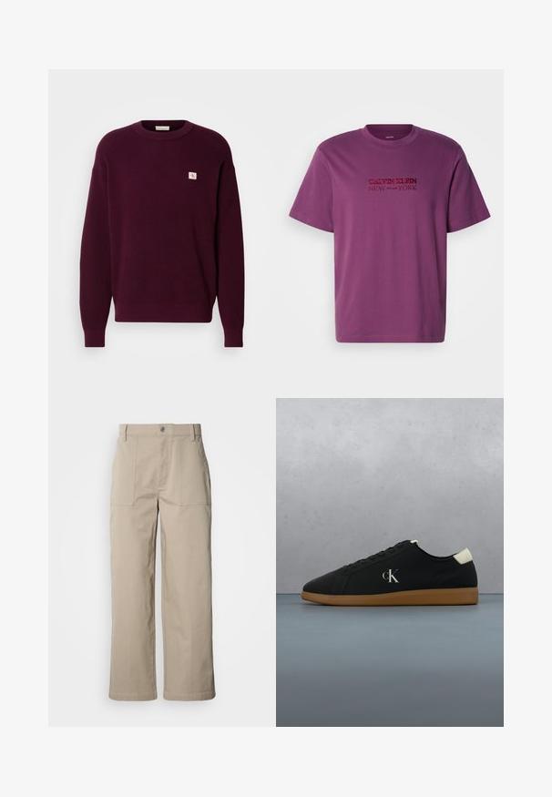Suéter de punto burdeos con textura acanalada, cuello redondo y un pequeño parche de logo en el pecho. Mangas largas con puños acanalados.; Camiseta de algodón morada con mangas cortas y cuello redondo, con el logo bordado "Calvin Klein New York" en colores contrastantes.; Pantalones beige de pierna ancha hechos de algodón; cuentan con bolsillos frontales de parche, cierre con botón y costuras visibles a lo largo de los dobladillos.; Zapatilla de lona negra con suela de goma marrón, con un logo plateado "cK" en el lateral y un detalle blanco en el talón. Diseño de corte bajo.