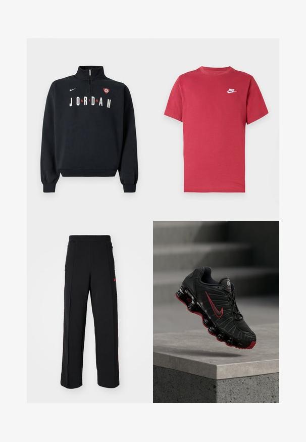Must musta pusa kõrge krae, eesmine tõmblukk, valged "JORDAN" tekstid ja rinnal logo plaastriga. Pehme kangas ja soonikkoes mansetid.; Punane lühikeste varrukatega Nike T-särk valge logoga vasakul rinnal, ümara kaelusega ja lihtsa mustriga neutraalsel taustal.; Mustad spordipüksid, millel on lahti istuv lõige, tõmblukuga punased aktsendid ja küljetaskud. Kangas näib olevat pehme ja sile tekstuur.; Must ja punane Nike spordijalats nähtava vedeliku sarnase tallaga, mis tasakaalustab betoonist astme serval.